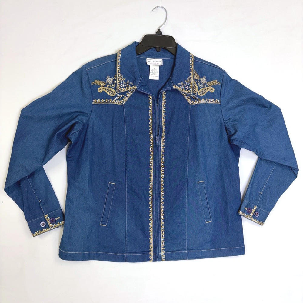 Victor Costa Occasion Blue Denim Jacket Gold Embroidered Sequin Western Womens L